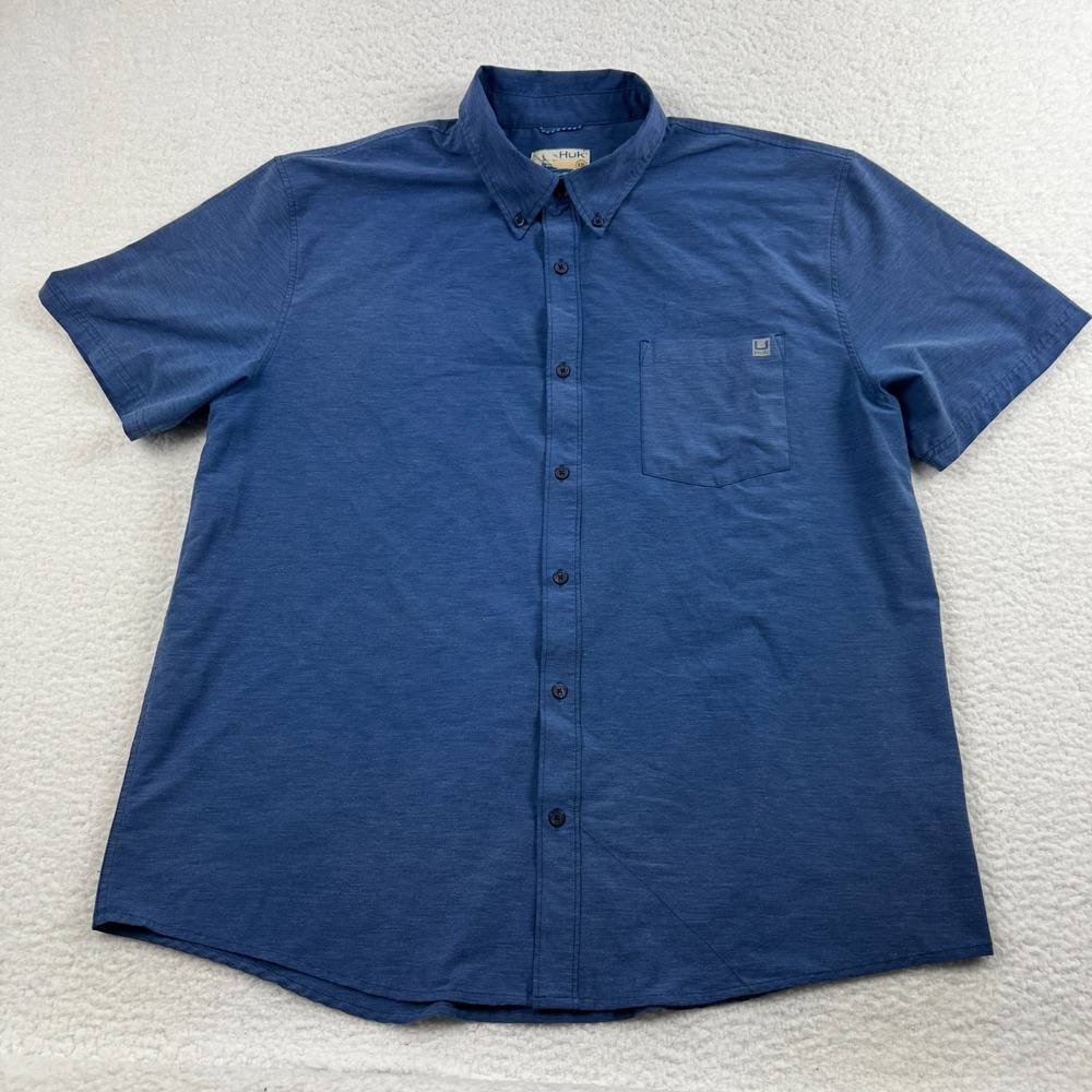 Huk Kona Shirt Mens 2XL Blue Stretch Quick Dry Short Sleeve Collared Button Down